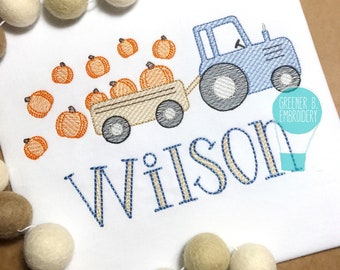 Boy Thanksgiving Shirt – Pumpkin Tractor Appliqué, Embroidered Fall Outfit, Toddler or Baby Holiday Tee