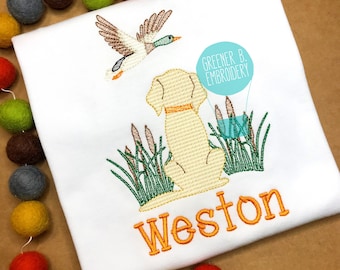 Camisa de caza para niño, Aplique bordado de perro pato, Camisa de caza de pato, Cumpleaños de caza, Bordado de caza, Bordado de perro pato