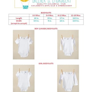 May include: A chart showing the measurements in inches of baby bodysuits for different ages. The chart includes length, width, and armpit to armpit measurements. The chart is titled "Bodysuits" and is divided into four columns for each age group: 0-3 months, 3-6 months, 6-12 months, and 12-18 months. Below the chart are images of white baby bodysuits with long and short sleeves.