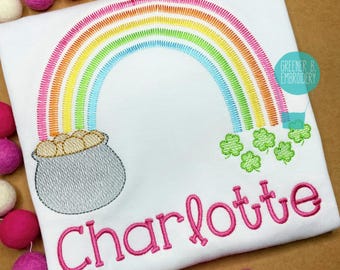 Girl's St. Patrick's Day Shirt / Shamrock Rainbow Pot of Gold Applique Embroidery / Four Leaf Clover Shirt / Shamrock / Girl St. Paddy's Day