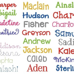 Puede incluir: Un gr&aacute;fico colorido con una lista de nombres en diferentes colores. Los nombres incluyen Harper, Abigail, Madeline, Beatrice, Addison, Oksana, Sophia, Malachi, Maclain, Hudson, Fisher, Greyson, Andrew, Jackson, Caleb, Aden, Ainsley, Charlie, Charlotte, Samuel, Sadie, Kaley, McKinley, Sterling.