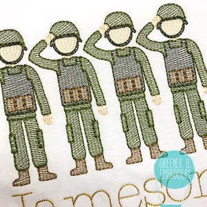 Puede incluir: Cuatro soldados de ej&eacute;rcito verde bordados de pie en fila, saludando, con el texto "Tomes" debajo.