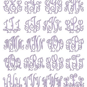 May include: A set of 26 monogram letters in a decorative script font. Each letter is in a light purple colour and is surrounded by a swirling design.