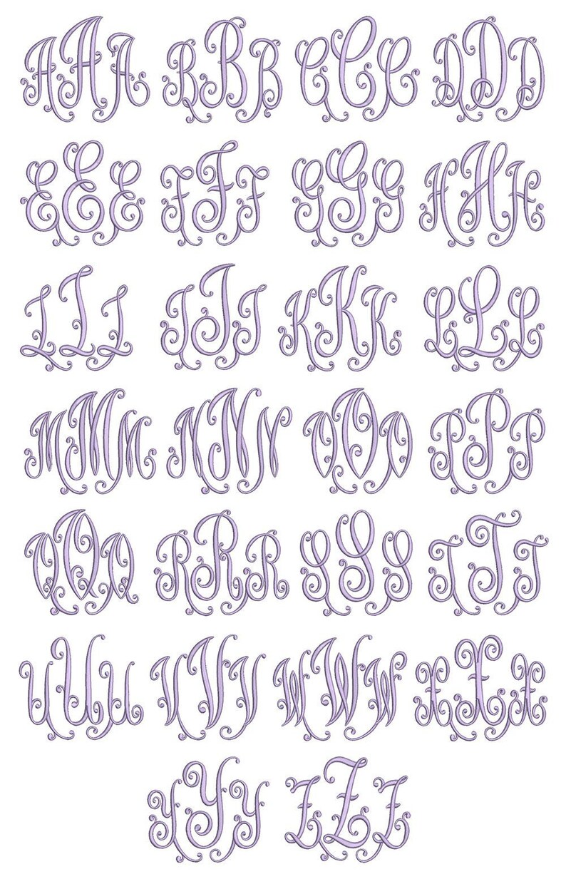 May include: A set of 26 monogram letters in a decorative script font. Each letter is in a light purple colour and is surrounded by a swirling design.