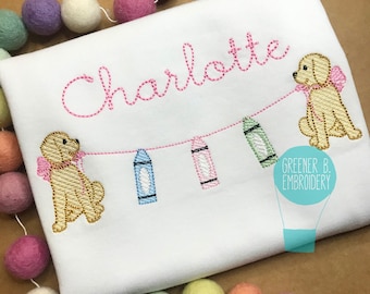 Camisa de niña para el regreso a clases / Aplique bordado con crayón / Cachorro / Primer día de clases / Niña de jardín de infantes / Conjunto de camisa para niña prekínder