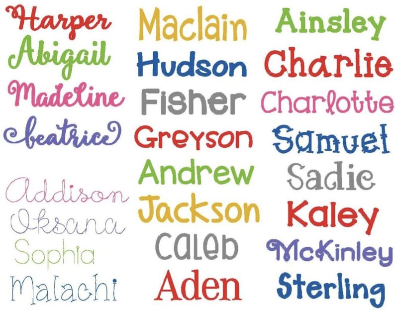May include: A colourful chart with a list of names in different colours. The names include Harper, Abigail, Madeline, Beatrice, Addison, Oksana, Sophia, Malachi, Maclain, Hudson, Fisher, Greyson, Andrew, Jackson, Caleb, Aden, Ainsley, Charlie, Charlotte, Samuel, Sadie, Kaley, McKinley, Sterling.