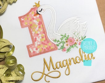 Swan Birthday Shirt / Princess Swan Birthday Shirt / Tiara / Pink and Gold Birthday / Girl 1st Birthday Shirt / Swan Applique / Swan Party