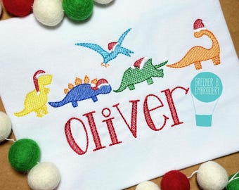 Personalized Boy Christmas Dinosaur Shirt – Dino Santa Hat Tee, Embroidered Holiday Outfit