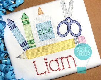 Back to School Shirt / School Applique Shirt / 1st Day of School / First Day of School Shirt / Crayon Embroidery / School Outfit / Scissors