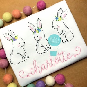 Girl Easter Shirt / Bunny Trio Embroidery / Easter Outfit / Baby Easter Shirt / Toddler Easter / Vintage Bunny / Girl Easter Applique