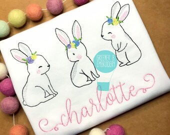 Girl Easter Shirt / Bunny Trio Embroidery / Easter Outfit / Baby Easter Shirt / Toddler Easter / Vintage Bunny / Girl Easter Applique