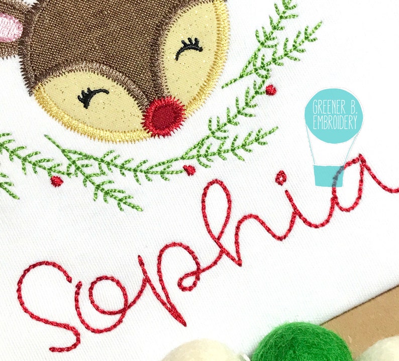 Personalized Girl Reindeer Shirt - Christmas Applique Embroidery, 1st Christmas Outfit, Monogram image 3