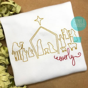 Personalized Girl Christmas Nativity Shirt – Manger Jesus Embroidery, Holiday Monogram Outfit, Baby Jesus Applique