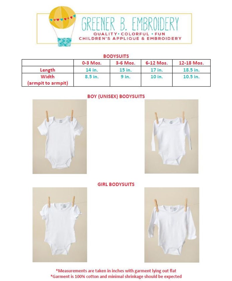 Peut inclure: Un tableau montrant les mesures en pouces de bodies pour b&eacute;b&eacute;s de diff&eacute;rents &acirc;ges. Le tableau comprend les mesures de la longueur, de la largeur et de l'aisselle &agrave; l'aisselle. Le tableau est intitul&eacute; "Bodysuits" et est divis&eacute; en quatre colonnes pour chaque groupe d'&acirc;ge&nbsp;: 0-3&nbsp;mois, 3-6&nbsp;mois, 6-12&nbsp;mois et 12-18&nbsp;mois. En dessous du tableau, des images de bodies pour b&eacute;b&eacute;s blancs &agrave; manches longues et courtes.