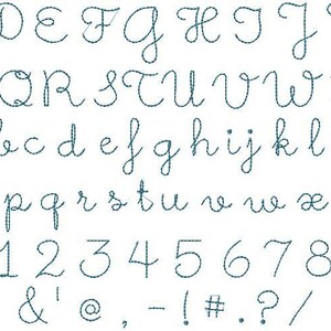 May include: A cursive font alphabet with uppercase and lowercase letters, numbers, and punctuation marks. The font is a simple, handwritten style.