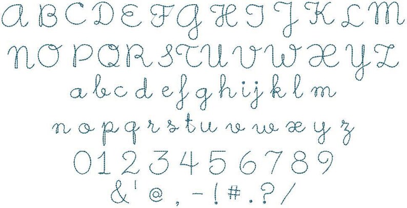 May include: A cursive font alphabet with uppercase and lowercase letters, numbers, and punctuation marks. The font is a simple, handwritten style.