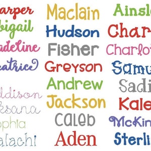 May include: A colorful chart with a list of names in different colors. The names include Harper, Abigail, Madeline, Beatrice, Addison, Oksana, Sophia, Malachi, Maclain, Hudson, Fisher, Greyson, Andrew, Jackson, Caleb, Aden, Ainsley, Charlie, Charlotte, Samuel, Sadie, Kaley, McKinley, Sterling.