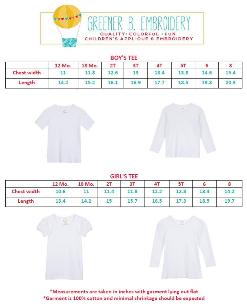 May include: Size chart for children's t-shirts with measurements in inches for chest width and length. The chart includes sizes from 12 months to 8 years for both boys and girls. The chart is labelled "Boy's Tee" and "Girl's Tee".
