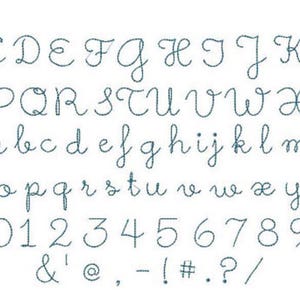 May include: A handwritten alphabet in a cursive font, including uppercase and lowercase letters, numbers, and punctuation marks. The font is a simple, elegant script style.