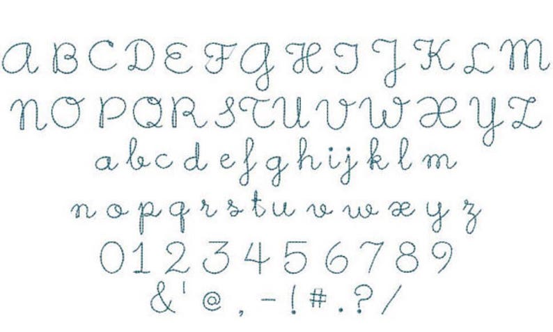 May include: A handwritten alphabet in a cursive font, including uppercase and lowercase letters, numbers, and punctuation marks. The font is a simple, elegant script style.