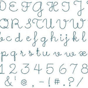 May include: A handwritten font alphabet in cursive script with uppercase and lowercase letters, numbers, and punctuation marks. The font is a dark blue color on a white background.
