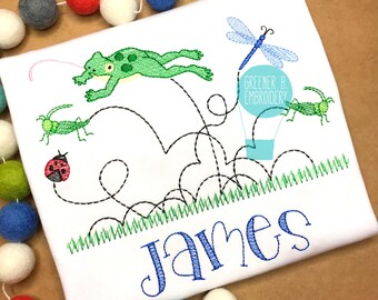 Camisa personalizada de insectos / Camisa de saltamontes de rana / Camisa de cumpleaños de insectos / Camisa de insectos / Cumpleaños de niño insecto / Camisa de bordado de rana de insectos