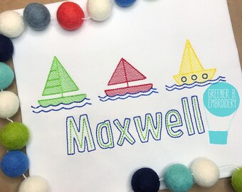 Sailboat Embroidery Shirt / Sailboat Applique / Boat Shirt / Boat Trio Shirt / Boat Birthday / Personalized Boy Sailboat / Boat Embroidery
