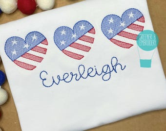Girl's Fourth of July Shirt / American Flag Shirt / 4th of July Applique Embroidery / Girl Red White Blue Shirt / Heart Flag Patriotic Shirt