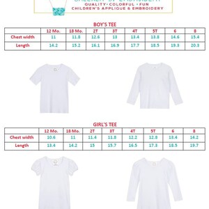 Peut inclure: Tableau des tailles pour t-shirts pour enfants avec des mesures en pouces pour la largeur de la poitrine et la longueur. Le tableau comprend des tailles de 12 mois &agrave; 8 ans pour les gar&ccedil;ons et les filles.