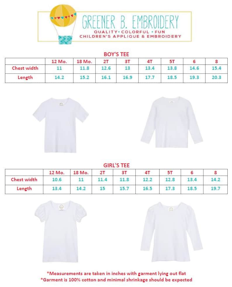 Peut inclure: Tableau des tailles pour t-shirts pour enfants avec des mesures en pouces pour la largeur de la poitrine et la longueur. Le tableau comprend des tailles de 12 mois &agrave; 8 ans pour les gar&ccedil;ons et les filles.