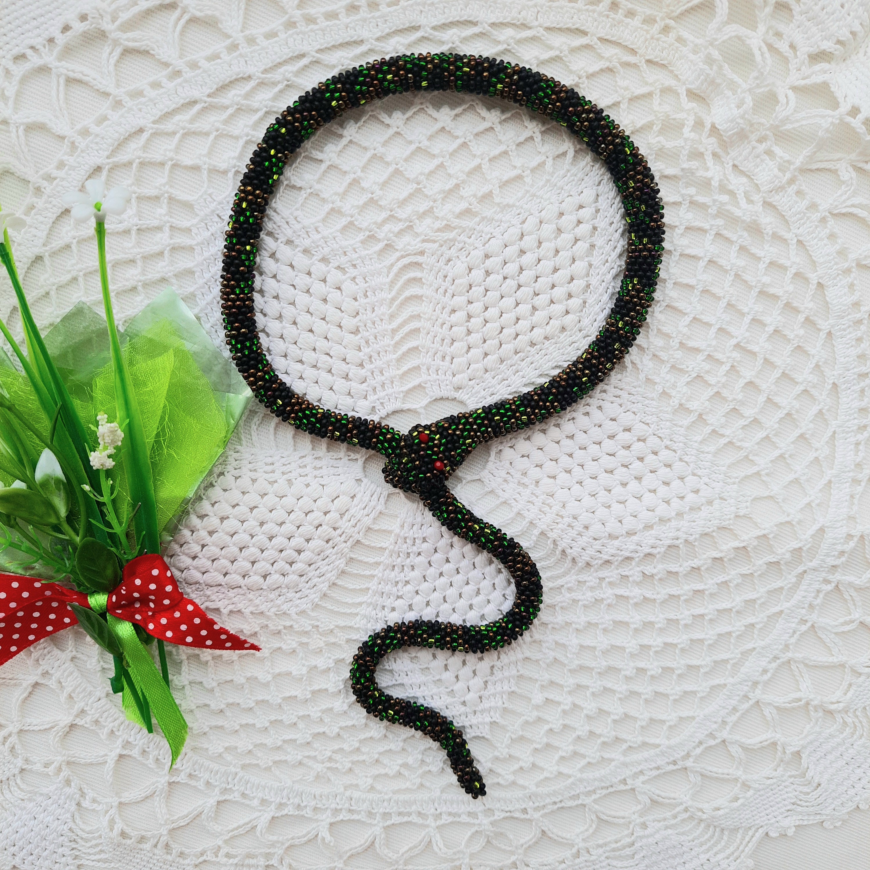 Snake Python Jewelry Black Python Snake Necklace Crochet Green Snake Jewelry Beaded Snake ...