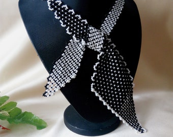 Bead scarf black white Beaded tie Necklace-scarf bead scarf Black necklace bow Delicate handmade jewelry Bead Scarf vintage gift for her