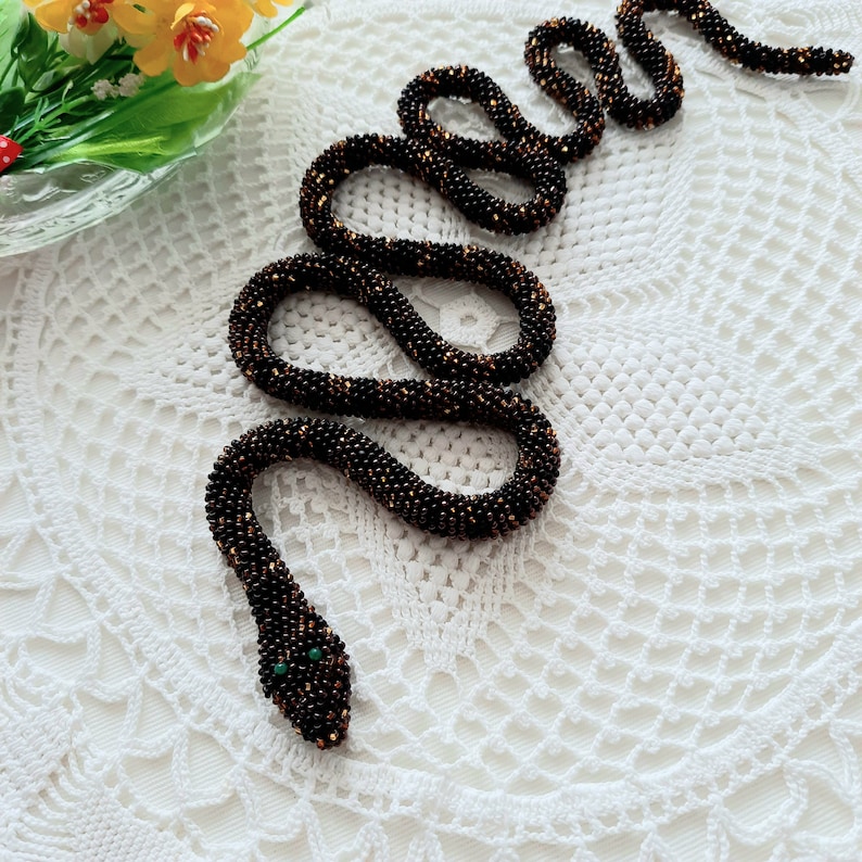 Snake Python Jewelry Snake Necklace Crochet Brown Snake Jewelry Beaded Snake Black Python ...