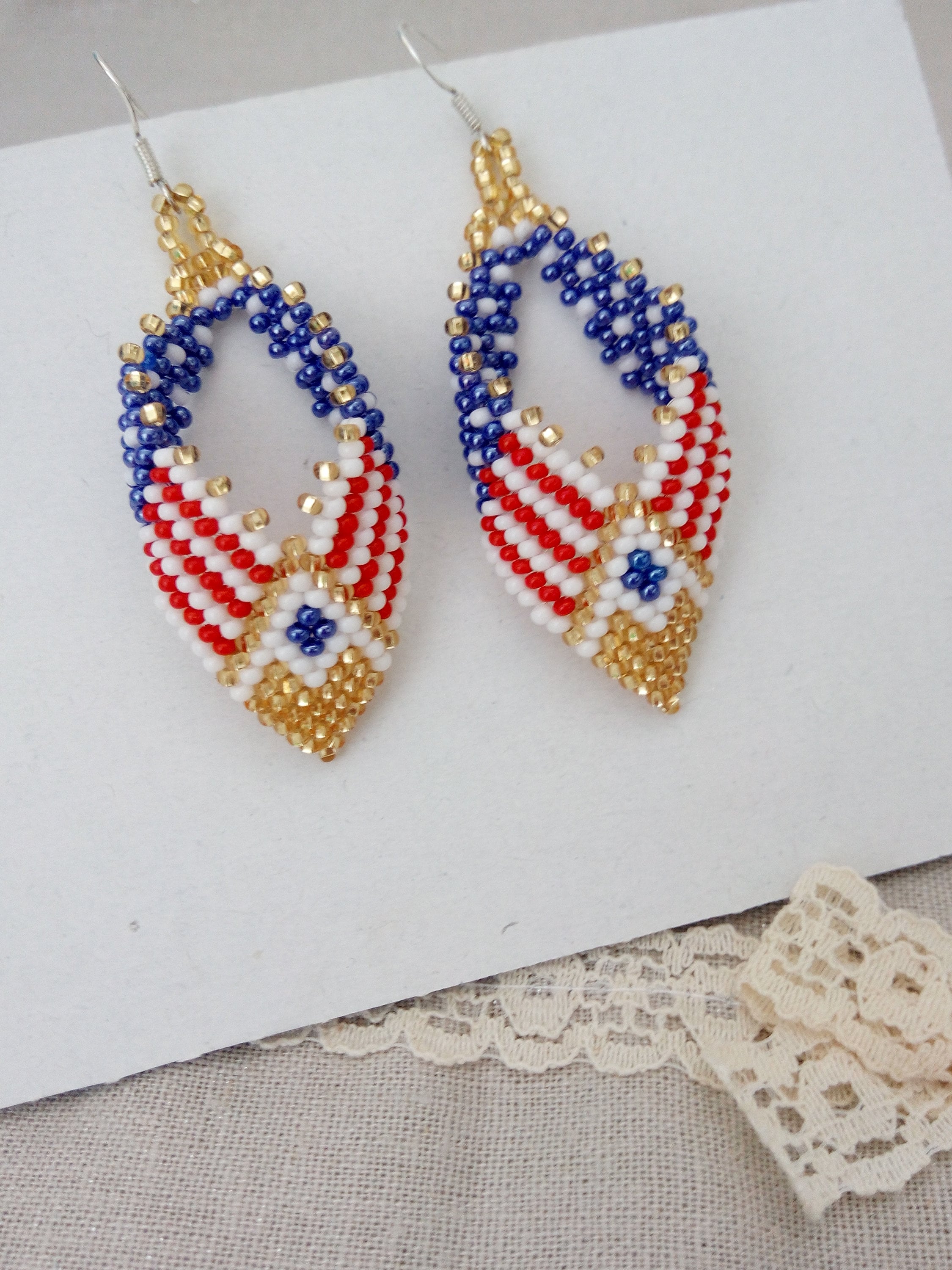 Jewelry Beads Earrings Beaded America Earrings US Flag Red Etsy