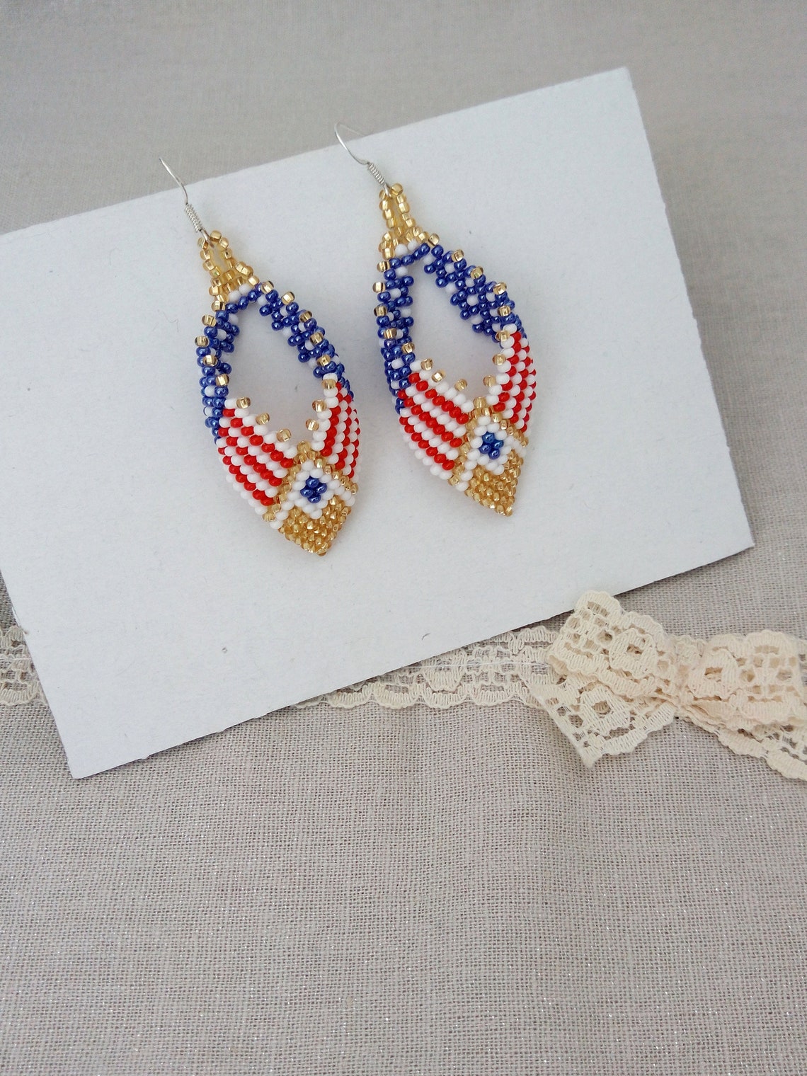 Jewelry Beads Earrings Beaded America Earrings US Flag Red Etsy