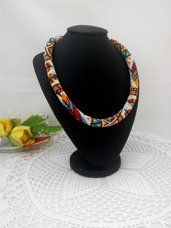 Bright beaded necklace in indian style american native crochet indian painting ethno jewelry rope choker Tribal Jewelry Beads Boho gift her