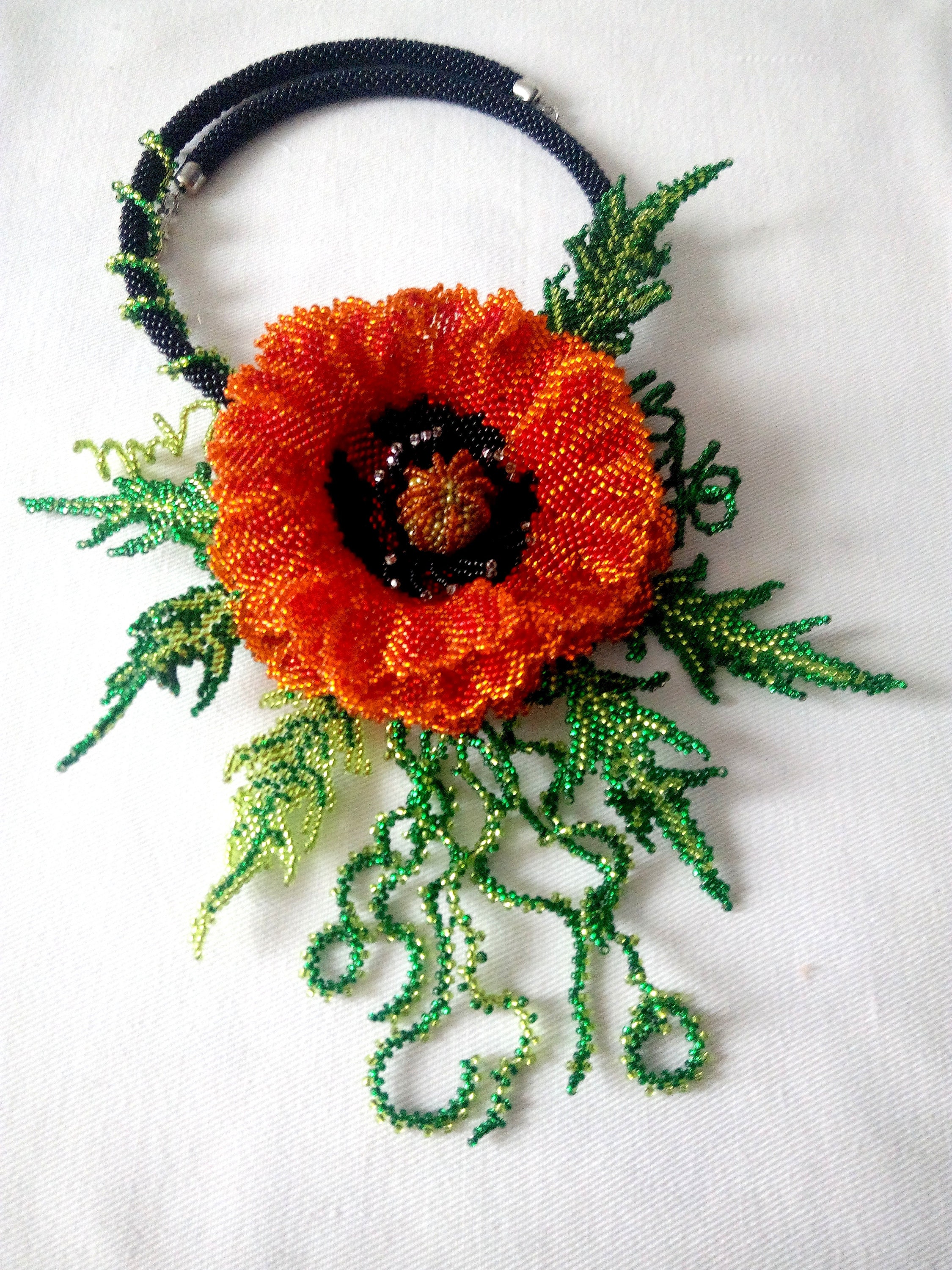 Necklace Red Poppy Jewelry Beaded Redyellow Poppy Flower Thin Etsy