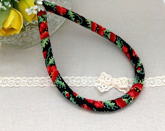 Necklace Red poppy flowers Poppy Crochet Jewelry Bead Rope Crochet Necklace Beads Red Poppy Flower Necklace for woman Black Necklace