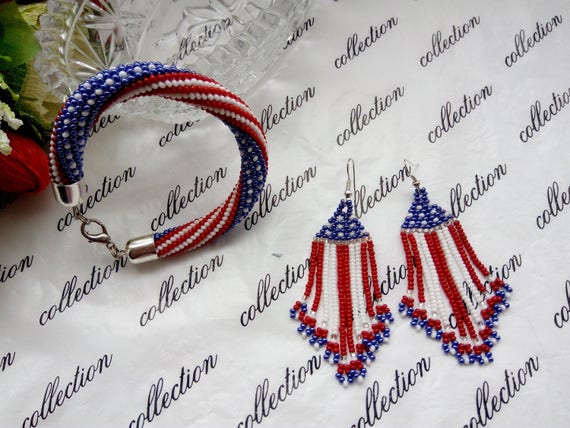 Jewelry beaded set American bracelet and earrings Flag US Crochet bracelet red white blue flag of America July 4 Independence Day Handmade
