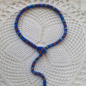 Snake blue choker cobalt color snake crochet snake bead necklace short beaded necklace snake lariat lasso flower print snake flexible rope
