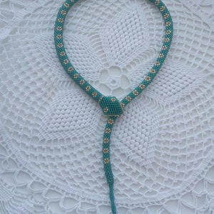 Emerald necklace shiny snake Crochet snake Bead jewelry Green Necklace Snake beaded necklace Floral print Snake rope Flower