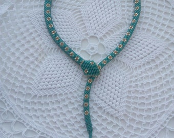 Emerald necklace shiny snake Crochet snake Bead jewelry Green Necklace Snake beaded necklace Floral print Snake rope Flower
