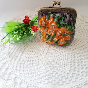 Purse Coin Holder Small Beaded Handbag Crochet Purse Cosmetic Bag Beads Floral Print Yellow Lilies Ukrainian style unusual gift for woman