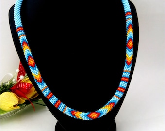 Bead necklace ethnic jewelry thin beaded rope Native American style beaded crochet bright necklace light blue choker colorful