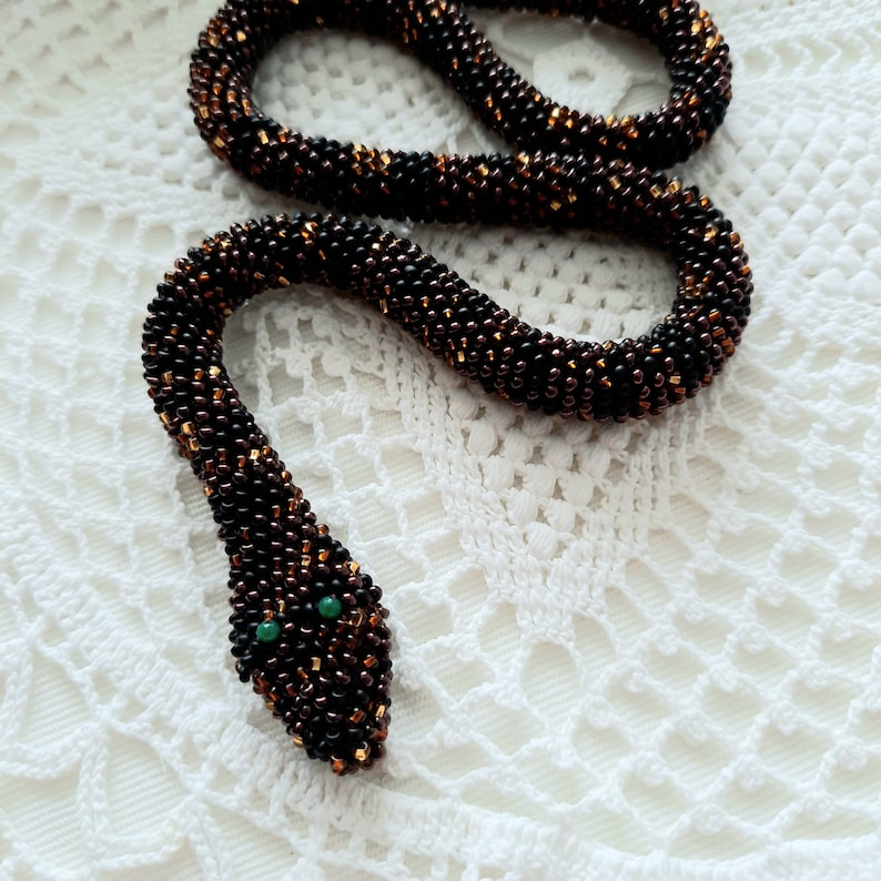 Snake Python Jewelry Snake Necklace Crochet Brown Snake Jewelry Beaded Snake Black Python ...