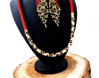 Ensemble de bijoux en perles, collier, boucles d'oreilles à motif léopard, corde fine rouge, Crochet léopard, collier de mode perlé, longues franges, boucle d'oreille léopard Boho