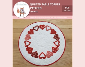 PDF pattern Hearts quilted table topper, Digital PDF pattern, Suitable for beginners, Heart table topper, Round table topper pattern