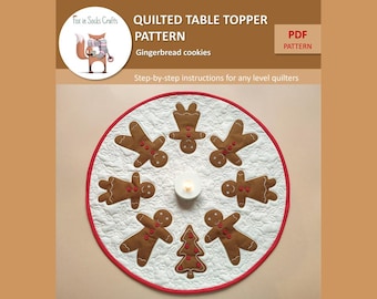PDF pattern Gingerbread cookies quilted table topper, Digital pattern, Round table topper, Christmas pattern