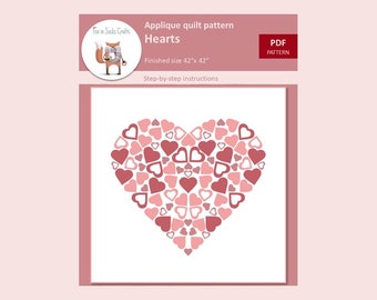 PDF Pattern, Heart quilt pattern, Digital PDF pattern, Suitable for beginners, Applique quilt pattern