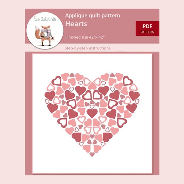 PDF Pattern, Heart quilt pattern, Digital PDF pattern, Suitable for beginners, Applique quilt pattern